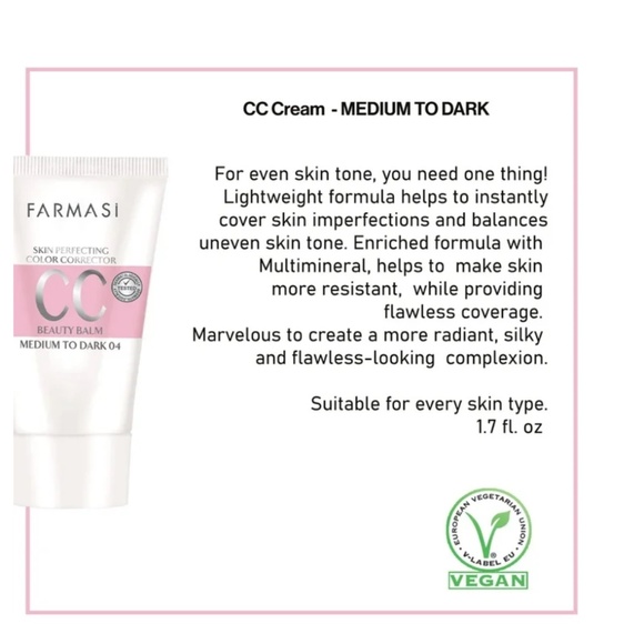Farmasi CC Color Control Cream Foundation Cream 1.7 fl oz | 04 MEDIUM to DARK - Picture 2 of 8